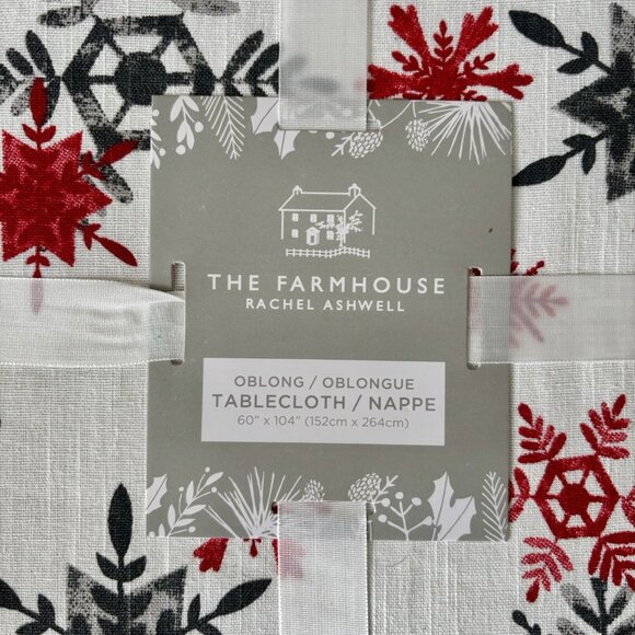 The Farmhouse| Rachel Ashwell Christmas Holiday Snowflakes Black Red Tablecloth - Picture 2 of 5